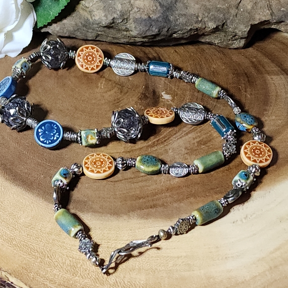 Vintage Silver, Blue, Orange, & Green Necklace With Ceramic, Glass & Metal Beads - Picture 3 of 13
